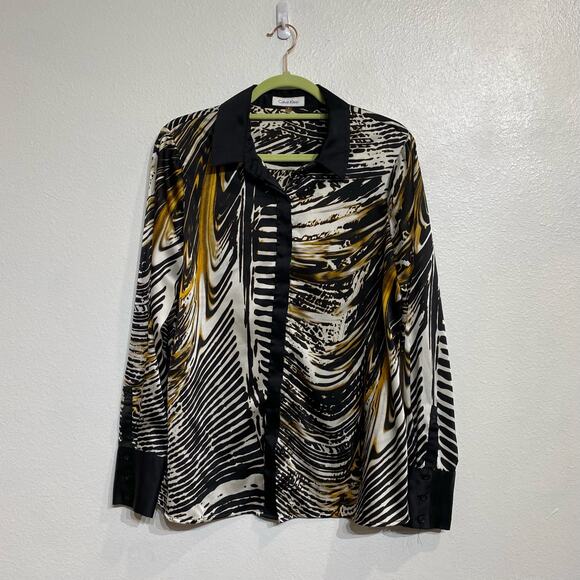 Calvin Klein Black Print Button Down Blouse Sz S - Picture 2 of 11